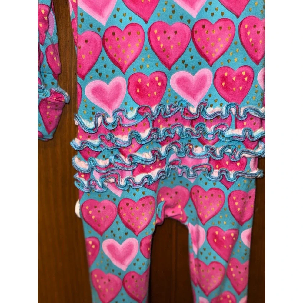 Gigi and Max Bamboo Viscose Heart Ruffle Romper Teal Pink 3-6M Sleeper Zip Up